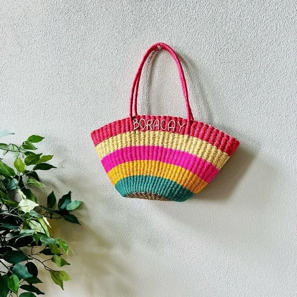 Bright Colorful Striped BORACAY Straw Zip Closure Boho Medium Tote Shoulder Bag - Picture 13 of 13